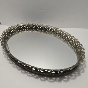 Vtg Oval Mirror Vanity Tray Filigree Floral Distressed Brass Perfume 13”x9"